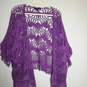 Roaman's Purple Crochet Fringe Open-Front Shrug
